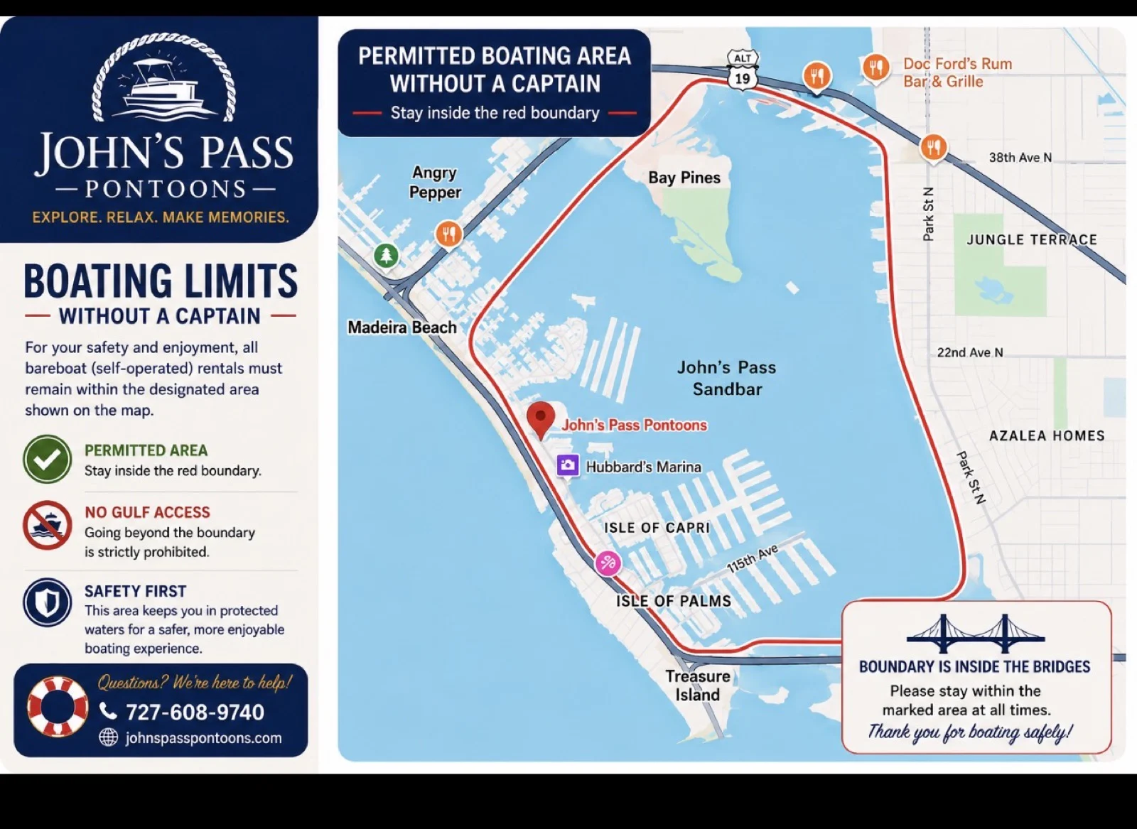 Map of the permitted boating area for self-drive pontoon rentals near John's Pass — stay inside the marked boundary in Boca Ciega Bay, inside the bridges