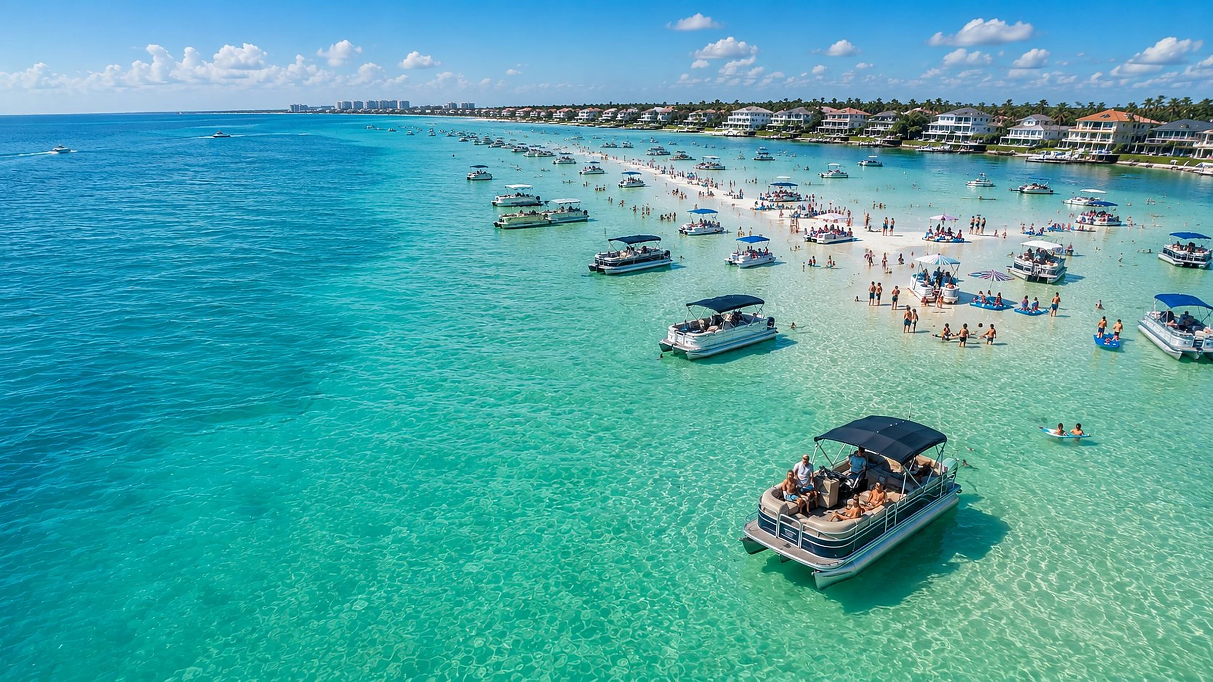 Aerial view of white sandbars and clear Gulf water near John's Pass